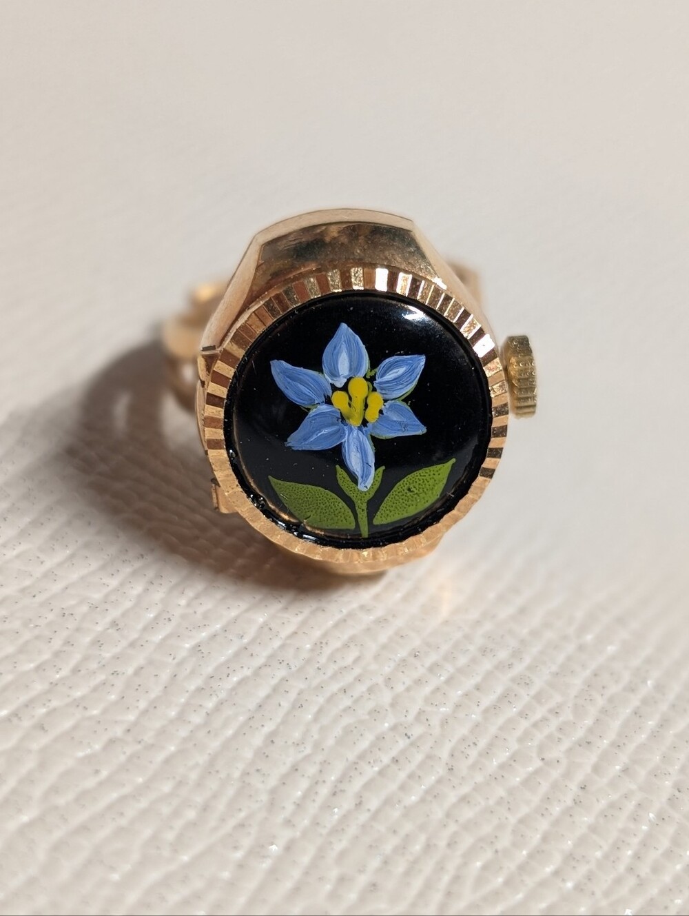 Gold Ring Watch Floral Enamel Ring with Blue Flower Adonis 17 Jewel Windup Works